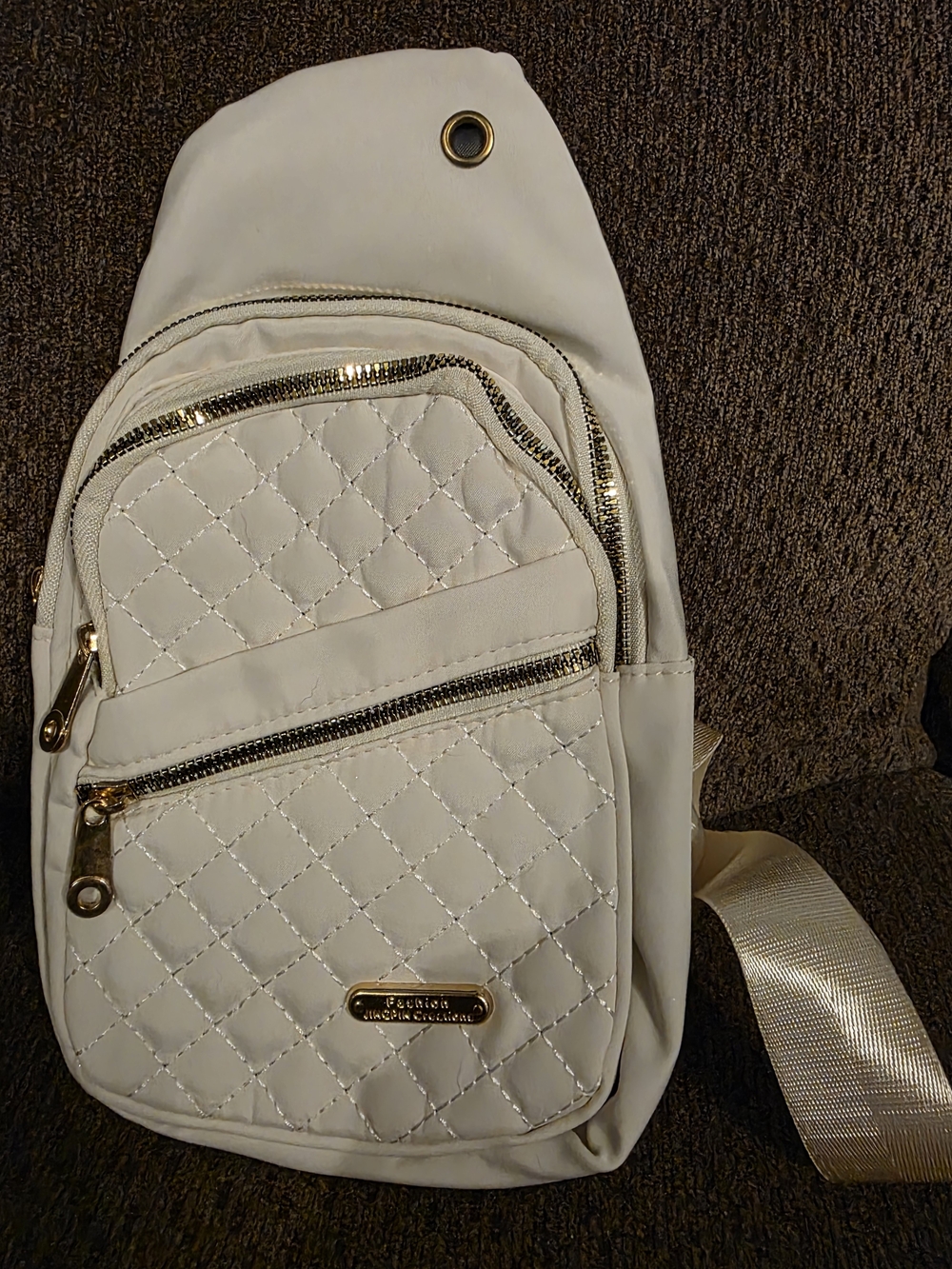 Quilted White Crossbody Sling Bag with Gold Accents